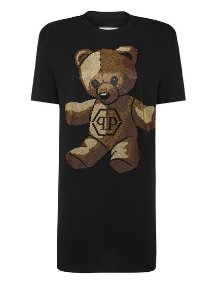 Padded Shoulder T-Shirt Dress with Crystals Teddy Bear