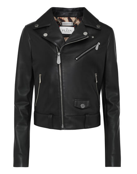 Leather Boxy Biker Jacket with Crystals