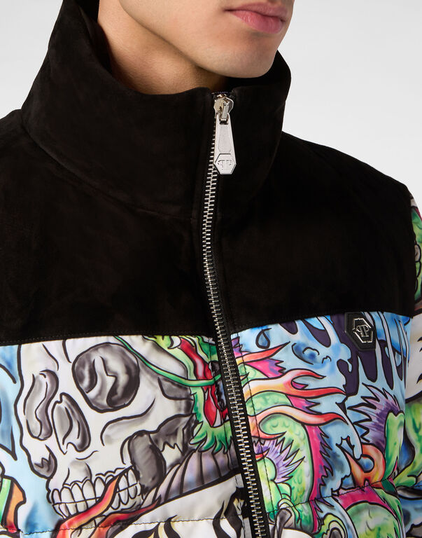 Nylon Puffer Jacket With Leather Inserts Tattoo
