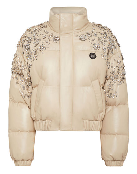 Leather Puffer Jacket Crystal