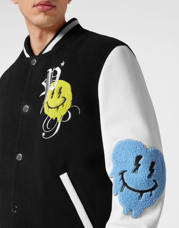 Woolen Cloth College Bomber with Leather Arms Smile