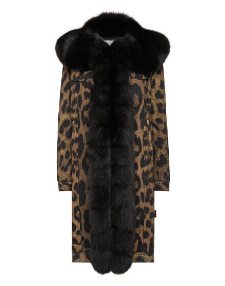 Denim Long Coat with Fur Leopard