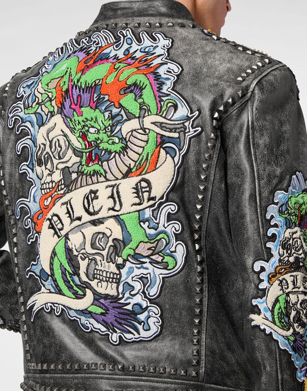 Leather Vintage-Effect Biker Jacket Tattoo