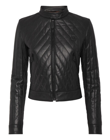 Cropped Padded Matellasse’ Leather Biker Jacket