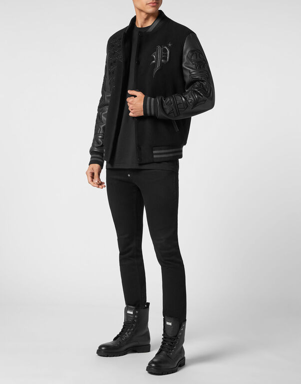 Wool College Bomber with Leather Arms Gothic Plein