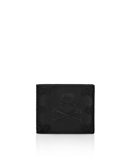Embroidered Leather French Wallet Paisley Skull