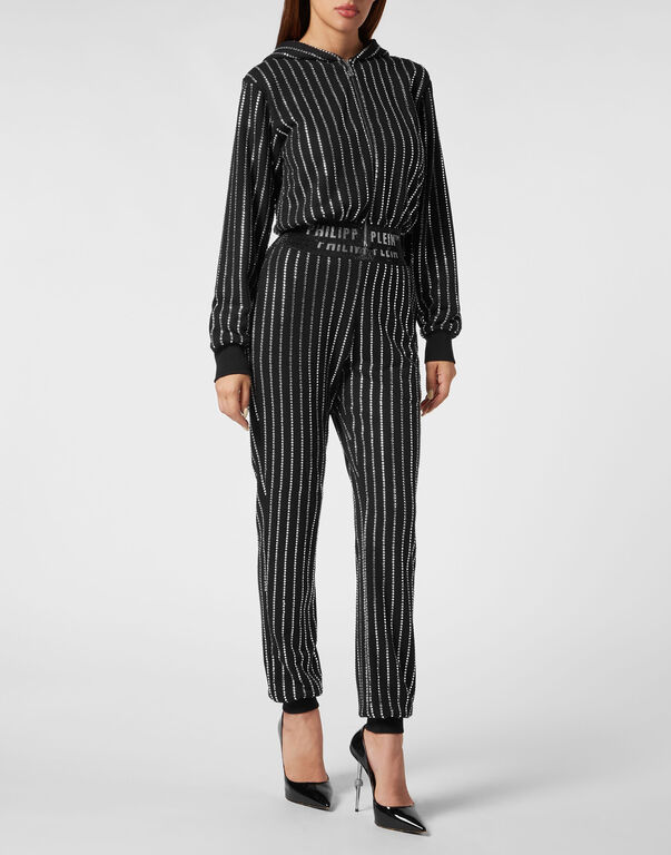 Cropped Hoody Sweatjacket with Crystals Crystal Pinstripe