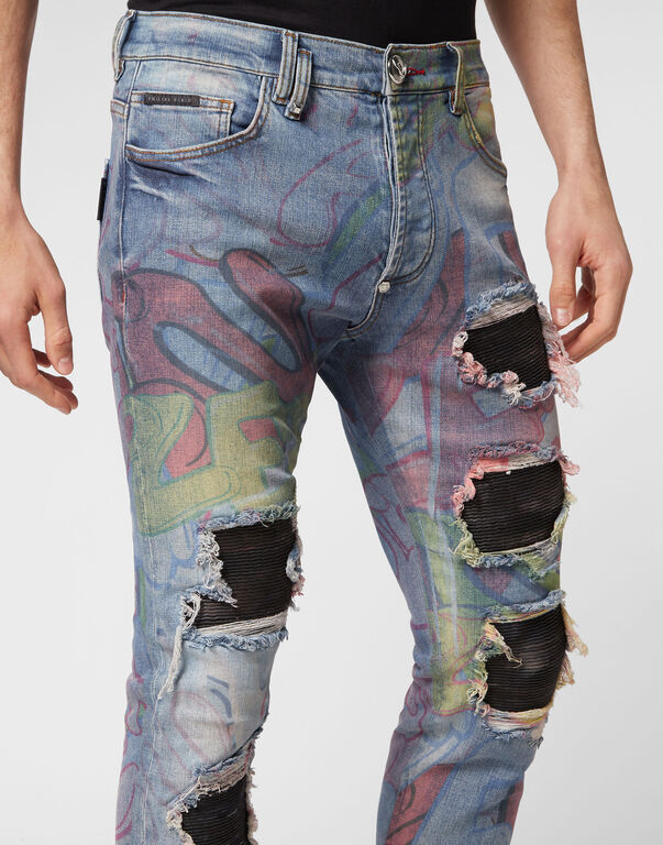 Denim Trousers Rock Star Fit with Crystals Bombing Graffiti