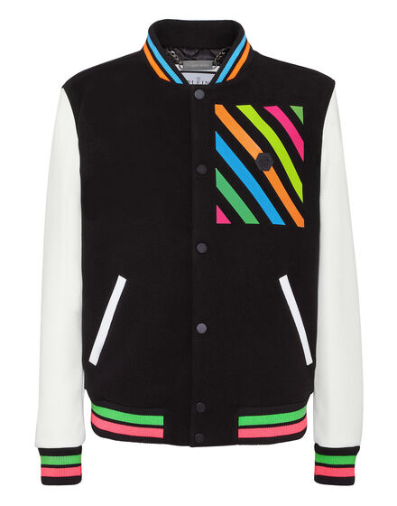 Woolen Cloth College Bomber with Leather Arms Rainbow Stripes