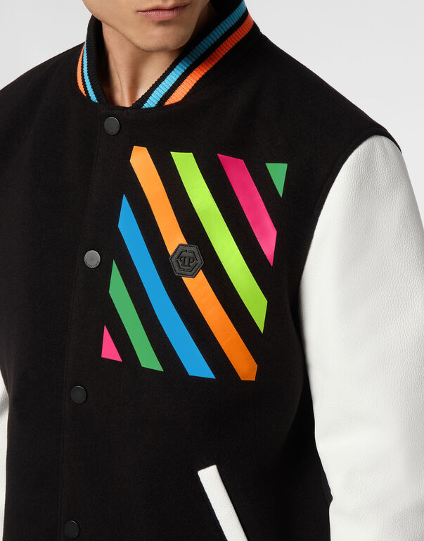 Woolen Cloth College Bomber with Leather Arms Rainbow Stripes