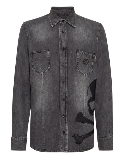 Denim Shirt WIth Vintage Washed Leather Patch Skull