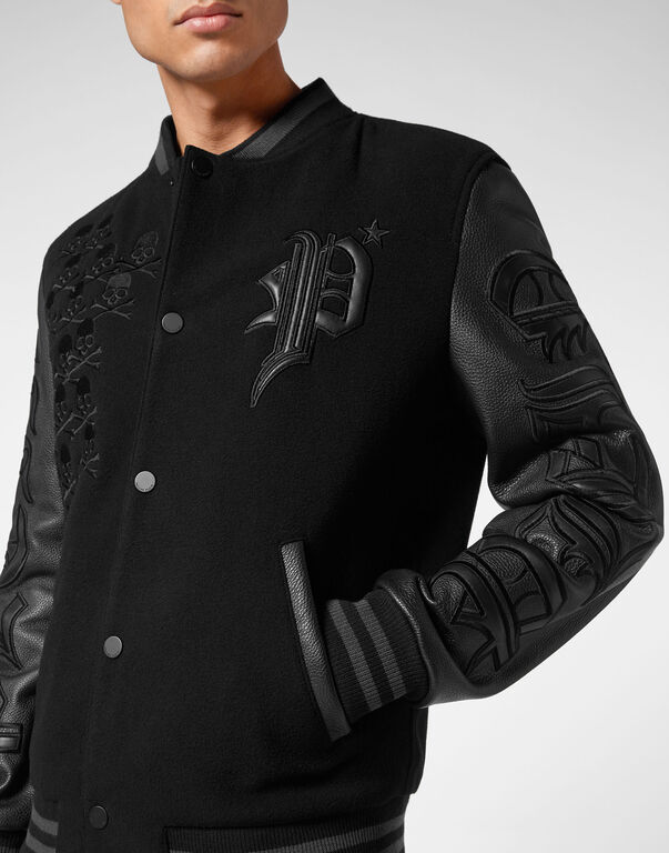 Wool College Bomber with Leather Arms Gothic Plein