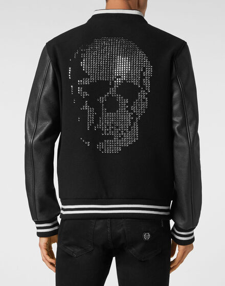 College Bomber with Deer Leather Sleeves Skull strass