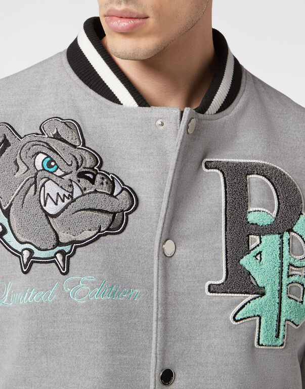 Woolen Cloth College Bomber with Leather Arms Bulldogs