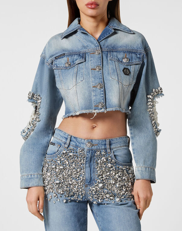 Denim Cropped Jacket with Stones
