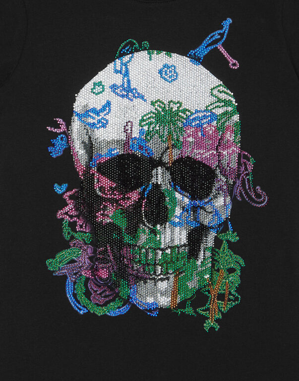 Embroidered T-shirt Round Neck SS with Crystals Skull