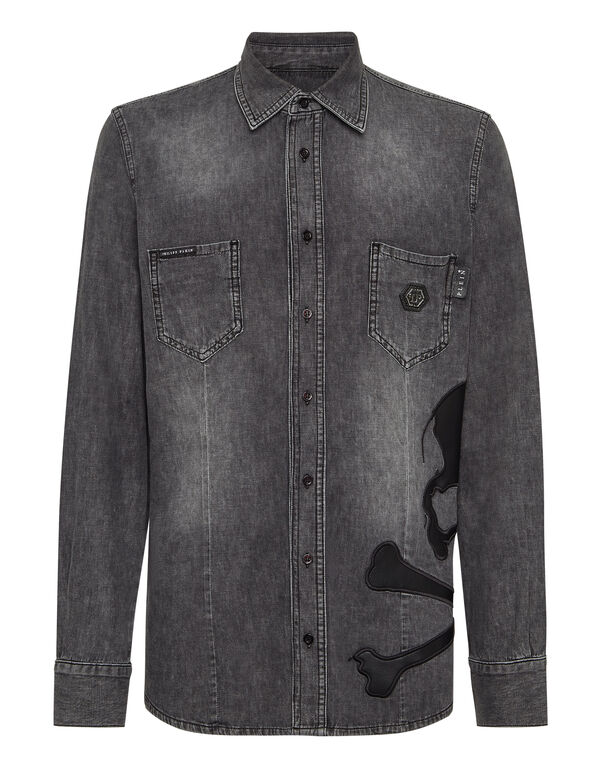 Denim Shirt WIth Vintage Washed Leather Patch Skull
