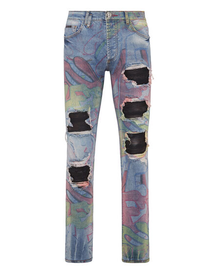 Denim Trousers Rock Star Fit with Crystals Bombing Graffiti
