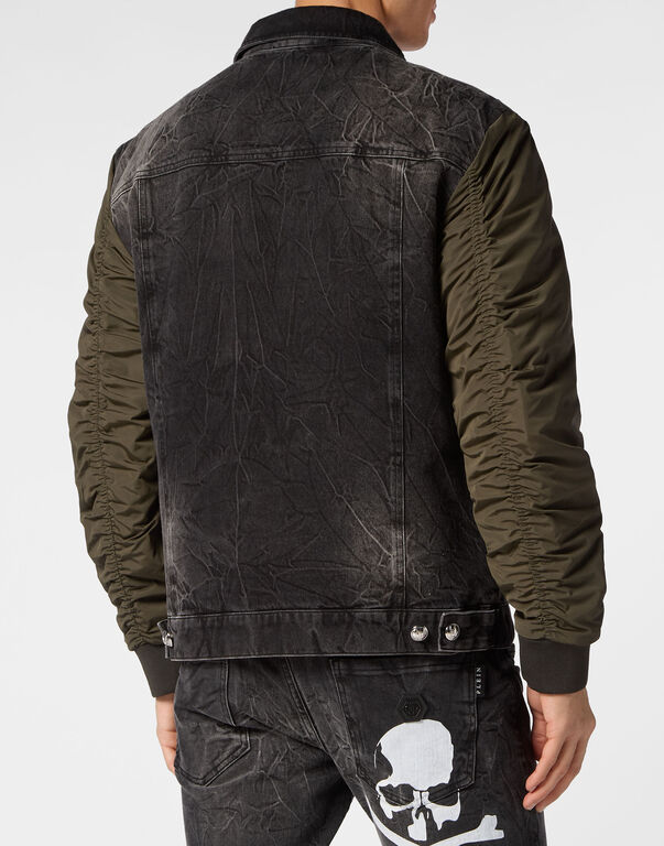 Denim Zipped Jacket With Nylon Sleeves Camouflage