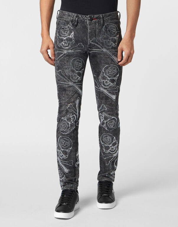 Denim Trousers Super Straight Cut with Crystals Tattoo