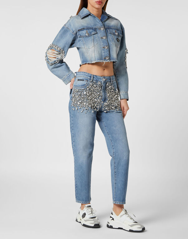 Denim Cropped Jacket with Stones