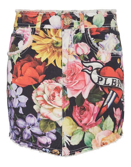 Denim Mini Skirt Love Flowers