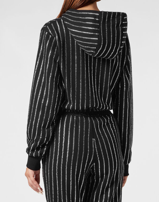 Cropped Hoody Sweatjacket with Crystals Crystal Pinstripe