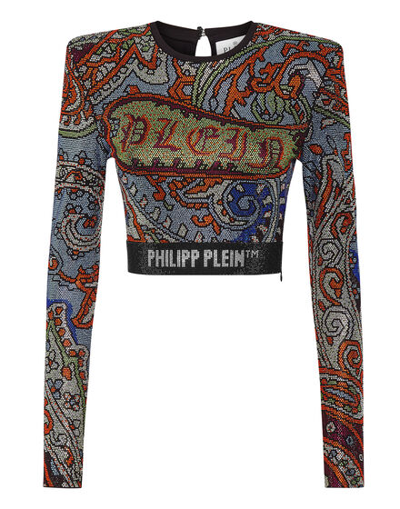 Long-sleeve Padded Shoulder Cropped Top Paisley