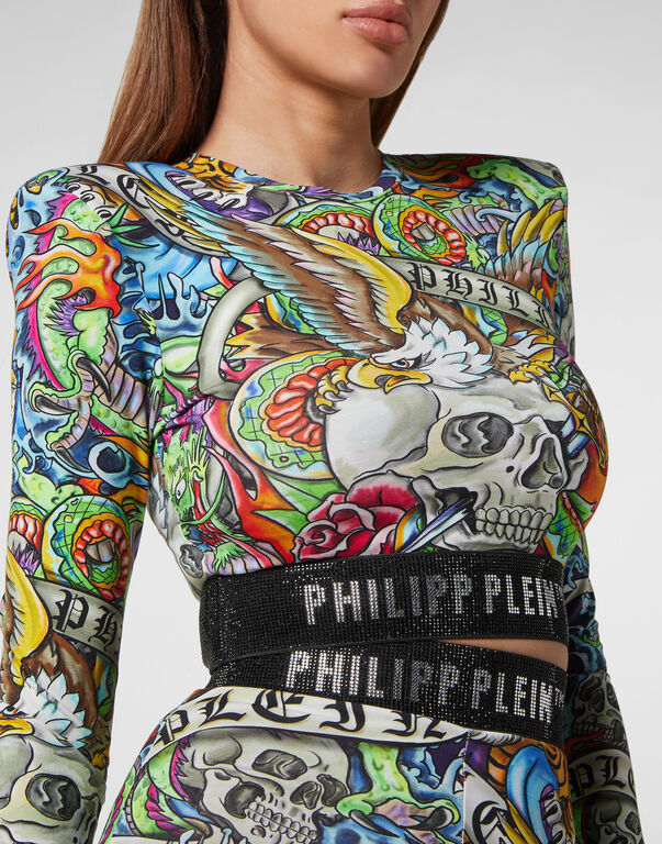 Padded Shoulder Cropped Top LS Tattoo