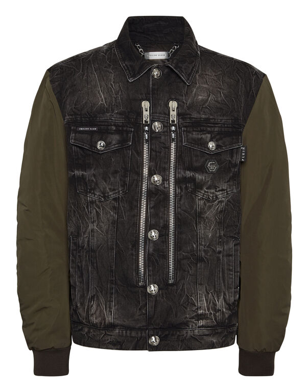 Denim Zipped Jacket With Nylon Sleeves Camouflage