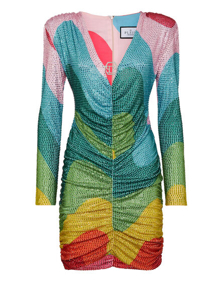Padded Shoulder Mini Dress LS with Crystals Rainbow Stripes