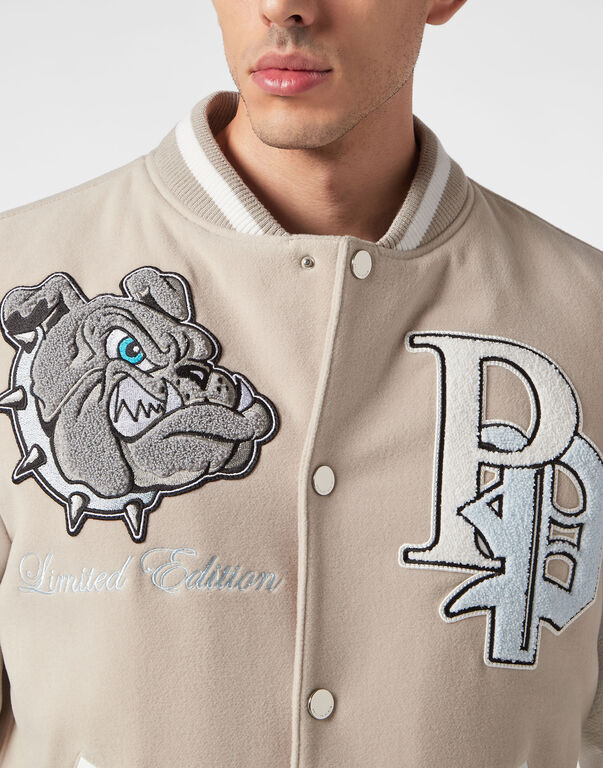Woolen Cloth College Bomber with Leather Arms Bulldogs