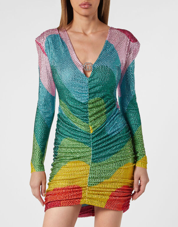 Padded Shoulder Mini Dress LS with Crystals Rainbow Stripes